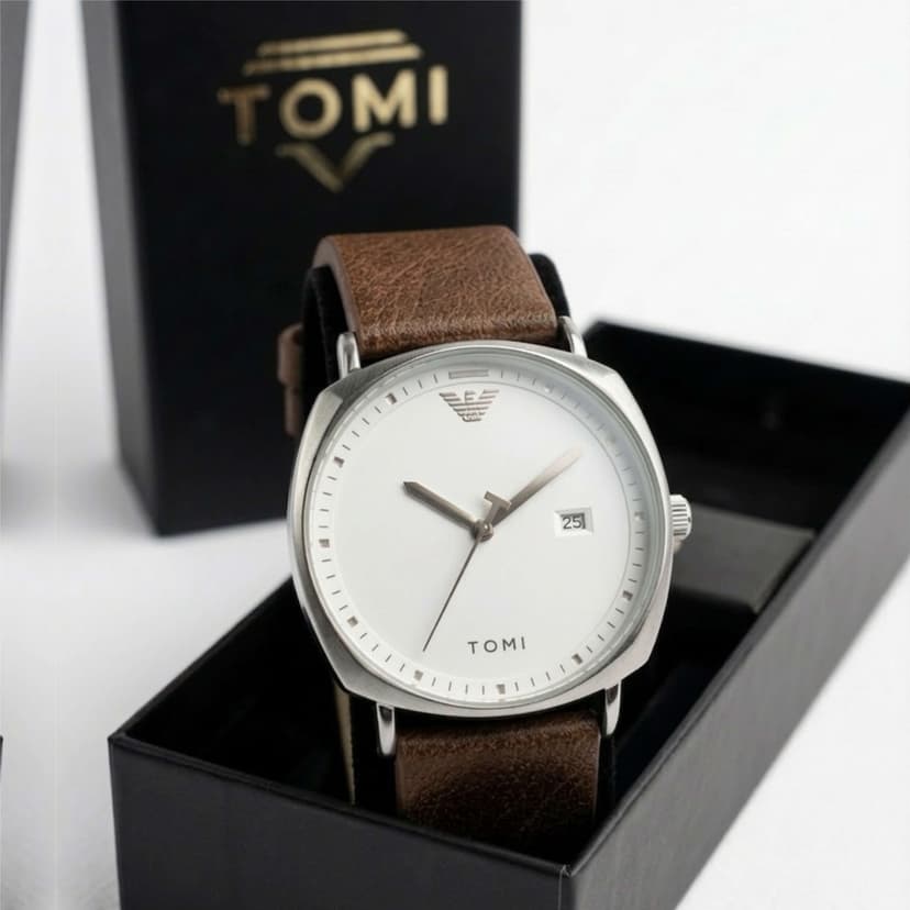 TOMI Men's Leather Cushion Case Watch